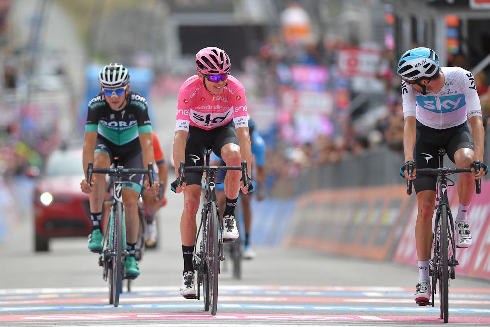 Chris Froome finishes stage 20 at the Giro d'Italia