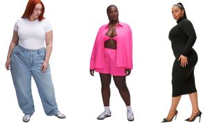composite of three models wearing clothing from american brand good american