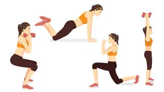 A collection of bodyweight workouts that can be used for exercise snacking, including squats, kneeling press ups, lunges, and shoulder press
