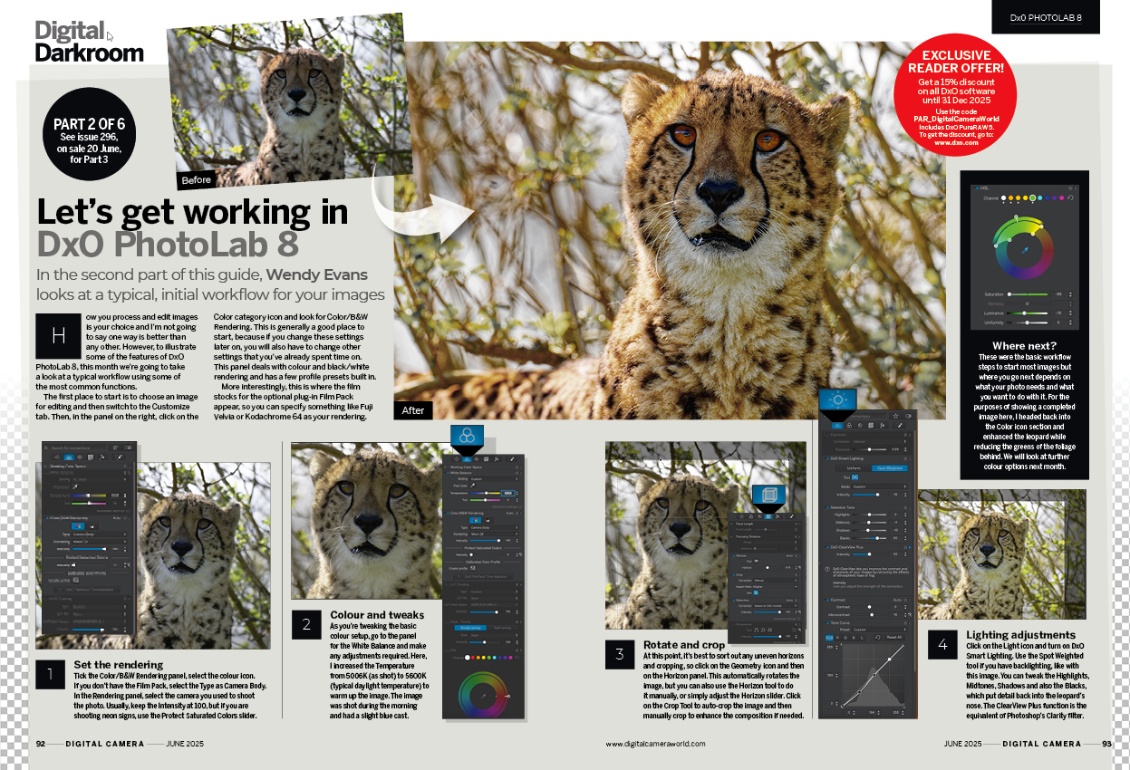 Image showing the DxO PhotoLab 8 tutorial in issue 295 (June 2025) of Digital Camera magazine, about taking your first steps in editing using the software