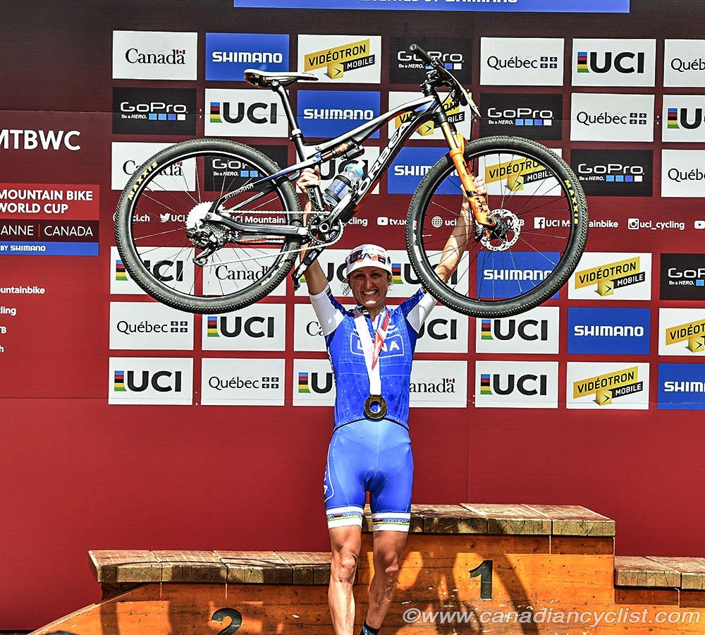 Catharine Pendrel (Luna Pro Team) celebrating her 12th World Cup win, 4 of which have been at Mont Ste-Anne