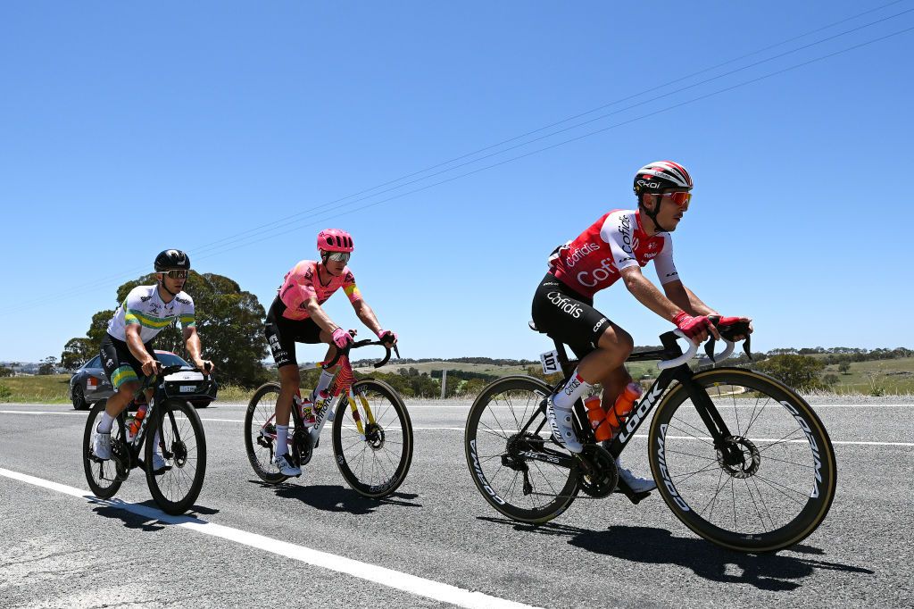 Tristan Saunders (Australia), Stefan De Bod (EF Education-Easypost) and Axel Mariault (Cofidis) in the breakaway