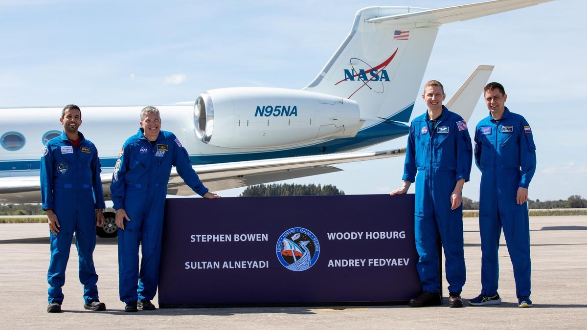 The crewmembers of SpaceX&#039;s Crew-6 mission pose after arriving on the tarmac at Kennedy Space Center.