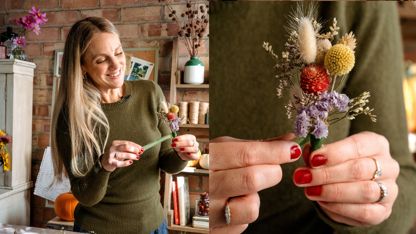 Woman in khaki jumper putting green floral tape around a dried flower corsage as she makes it
