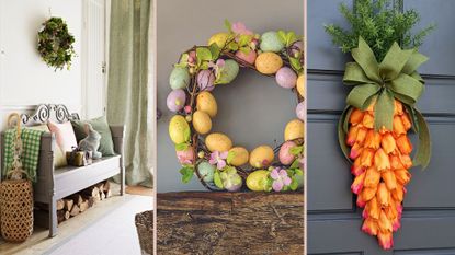 A composite image of three different Easter wreath ideas and door decorations including real foliage, pastel eggs and a carrot-inspired tulip door swag