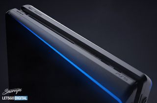 El LED azul que acentúa el ángulo de las superficies de este concepto de PS5