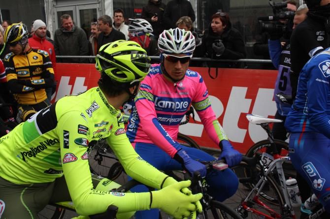 Filippo Pozzato (Lampre-Merida) chats with former teammate Kevin Hulsmans (Fantini-Selle Italia) in Ghent.