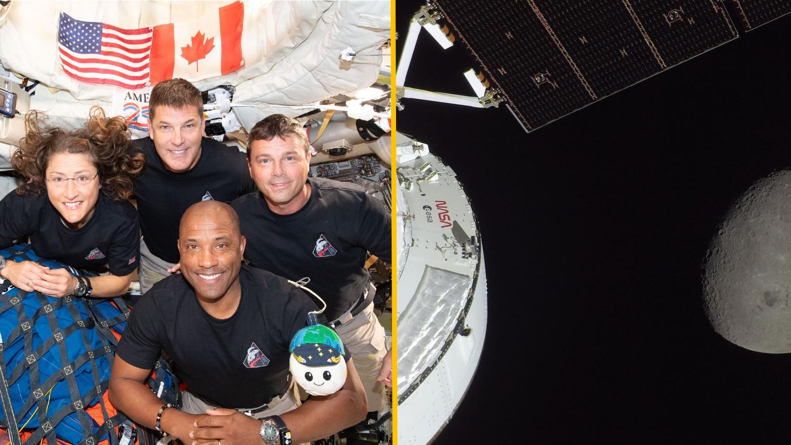 Side-by-side photos of the Artemis II crew (left) and the Orion capsule (right) during the Artemis II mission