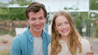Nathan Fielder and Emma Stone smile together ahead of their appearance in new Paramount Plus TV comedy The Curse.