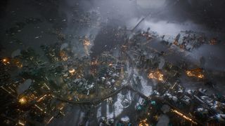 Frostpunk 2 screenshot showing a city under construction in harsh conditions