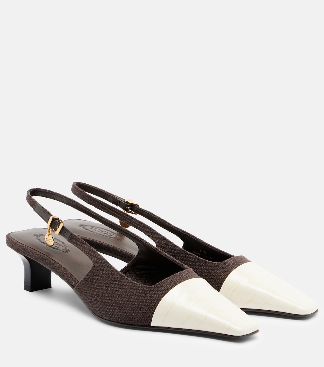 Leather-Trimmed Canvas Slingback Pumps in Brown - Tods