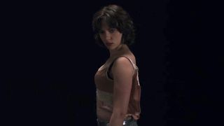 Scarlett Johansson's alien woman looking back inside the black void in Under the Skin