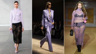Three models wearing the fashion colour trend for 2024, lavender