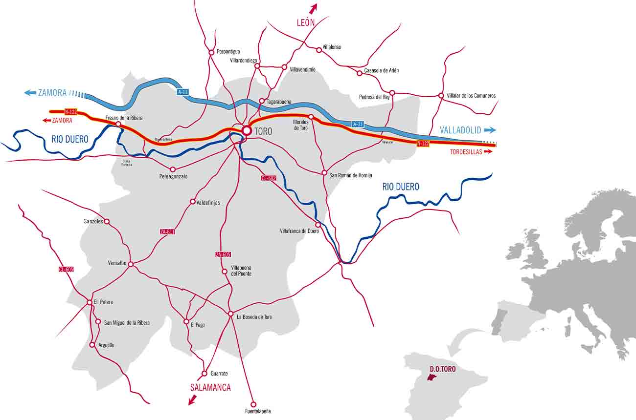 Map of Spain's DO Toro region in Castilla y Leo&amp;#769;n
