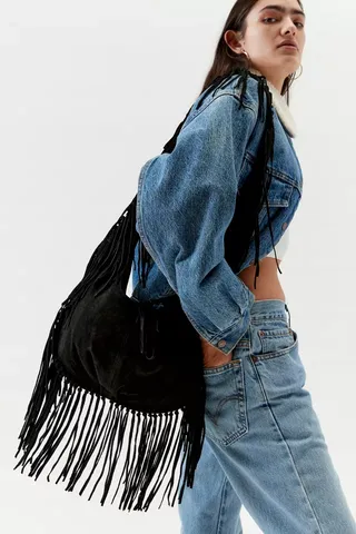 Silence + Noise Suede Fringe Hobo Sling Bag