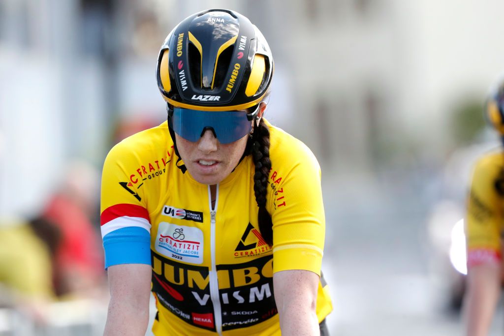 STEINFORT LUXEMBOURG APRIL 30 Anna Henderson of United Kingdom and Jumbo Visma Women Team Yellow Leader Jersey crosses the finish line during the 14th Ceratizit Festival Elsy Jacobs 2022 Stage 1 a 1214km stage from Steinfort to Steinfort felsy on April 30 2022 in Steinfort Luxembourg Photo by Bas CzerwinskiGetty Images
