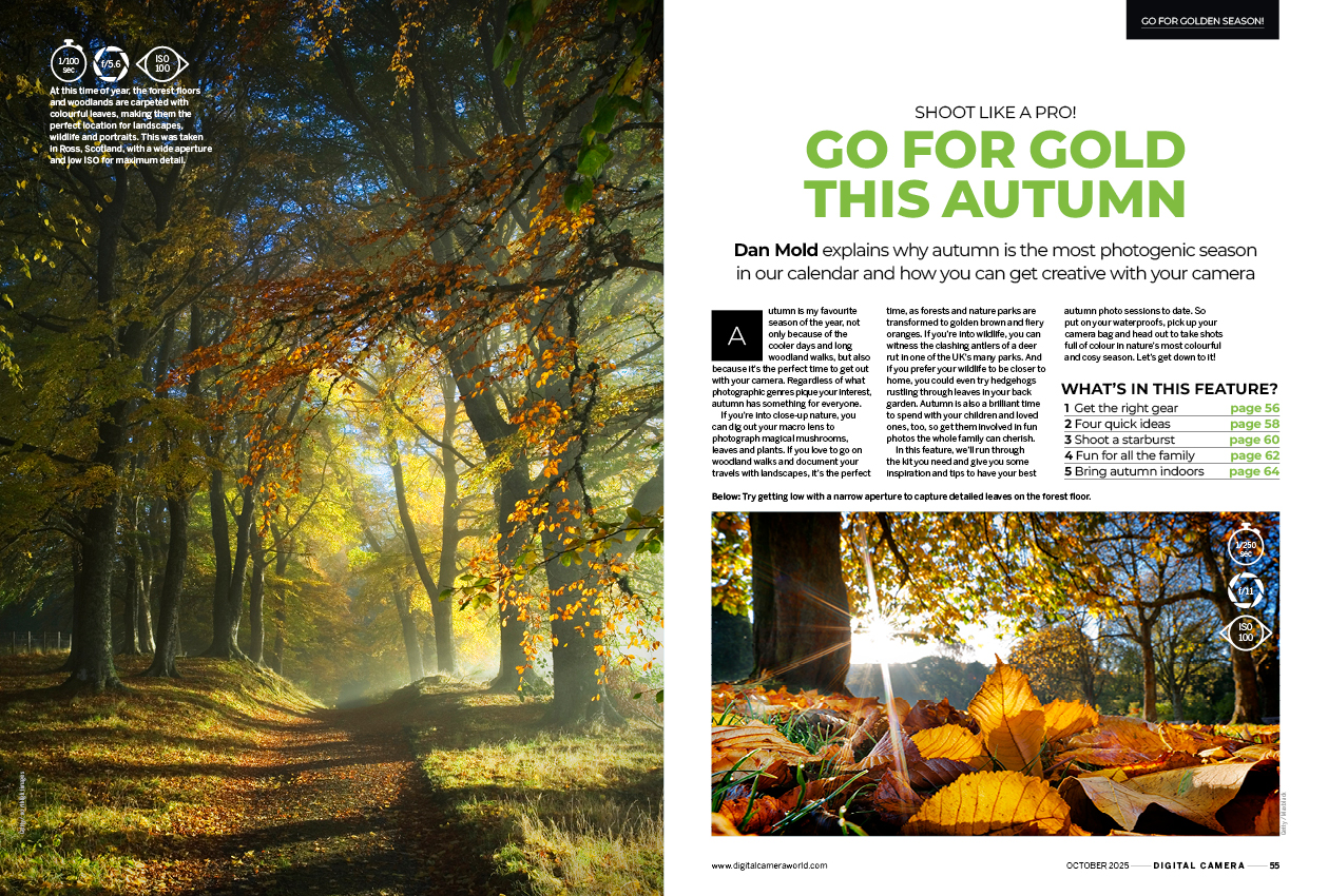 Image showing the first two pages of the cover feature of issue 299 (October 2025) of Digital Camera magazine, on the subject of photographing autumn