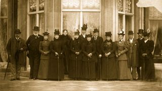 The Royal party at Sandringham. Left to right : King Edward VII (1841 - 1910), Princess Louise, Duchess of Fife (1867 - 1931), Queen Alexandra (1844 - 1925), Princess Victoria of Wales (1868 - 1935), Hon. Mrs Elizabeth Charlotte Knollys, Woman of the Bedchamber to Queen Alexandra, Princess Maud, later Queen of Norway (1869 - 1938), Prince Charles, later King Haakon VII of Norway (1872 - 1957), Mrs Joseph Chamberlain and Joseph Chamberlain.