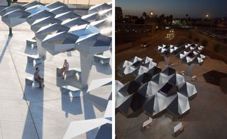 Split image of different aerial views in day and night time of metal art sculptures