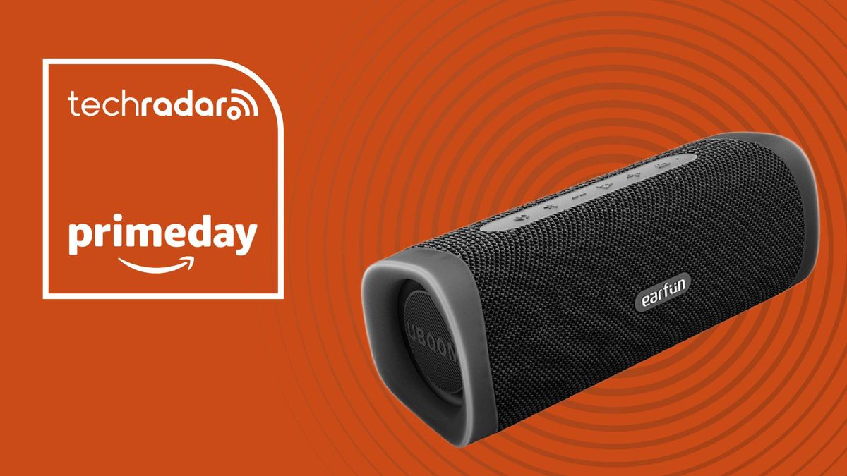 Earfun UBoom L on orange background with words &#039;TechRadar Amazon Prime Day&#039; to the left of the speaker