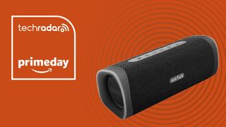 Earfun UBoom L on orange background with words 'TechRadar Amazon Prime Day' to the left of the speaker