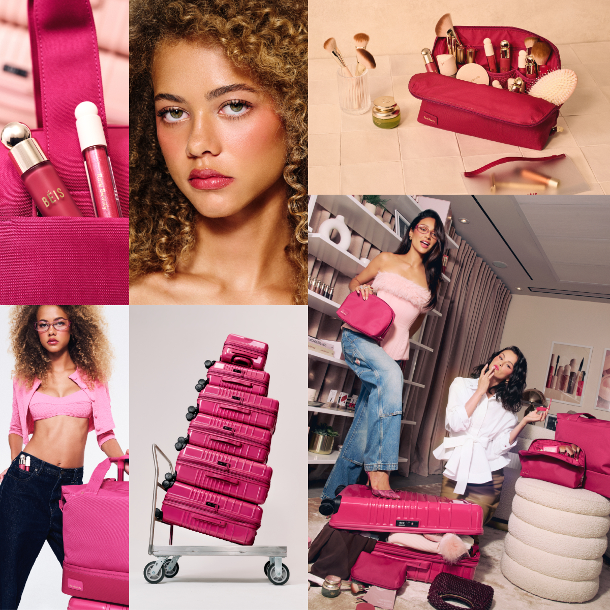 Rare Beauty &amp; B&Eacute;IS collaboration of hot pink luggage and makeup in a collage featuring shay and selena