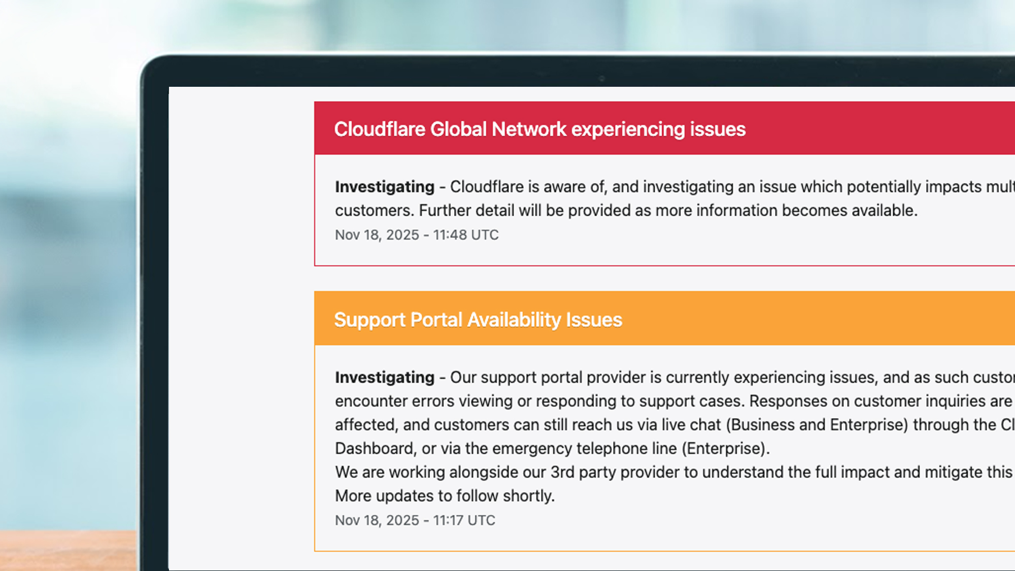 A laptop screen showing the Cloudflare outage