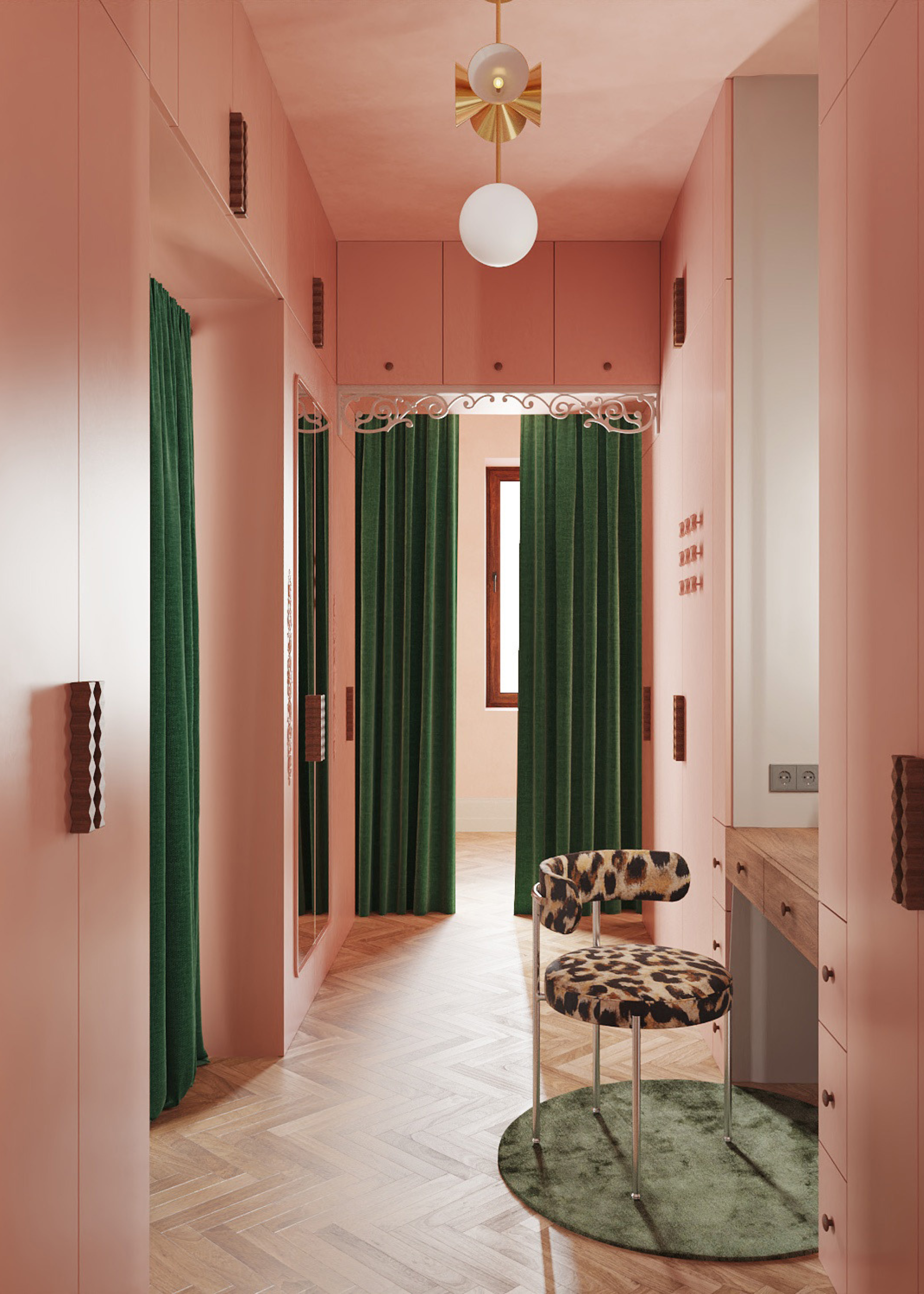A colorful dressing room in a home with a chair beside a vanity