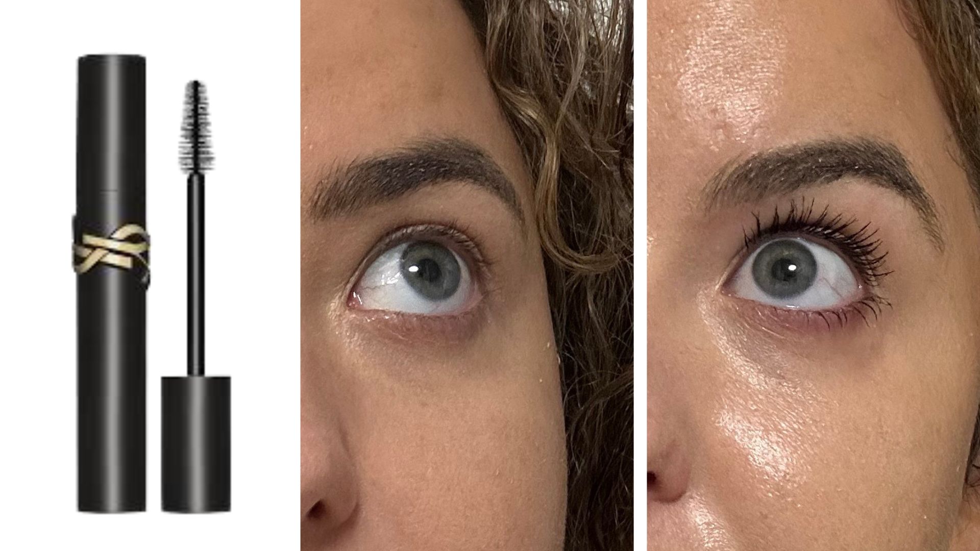 Rhiannon Derbyshire&#039;s lashes, before and after YSL Lash clash mascara beside a product shot