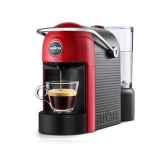 Red and black Lavazza Jolie coffee machine making a cup of black coffee