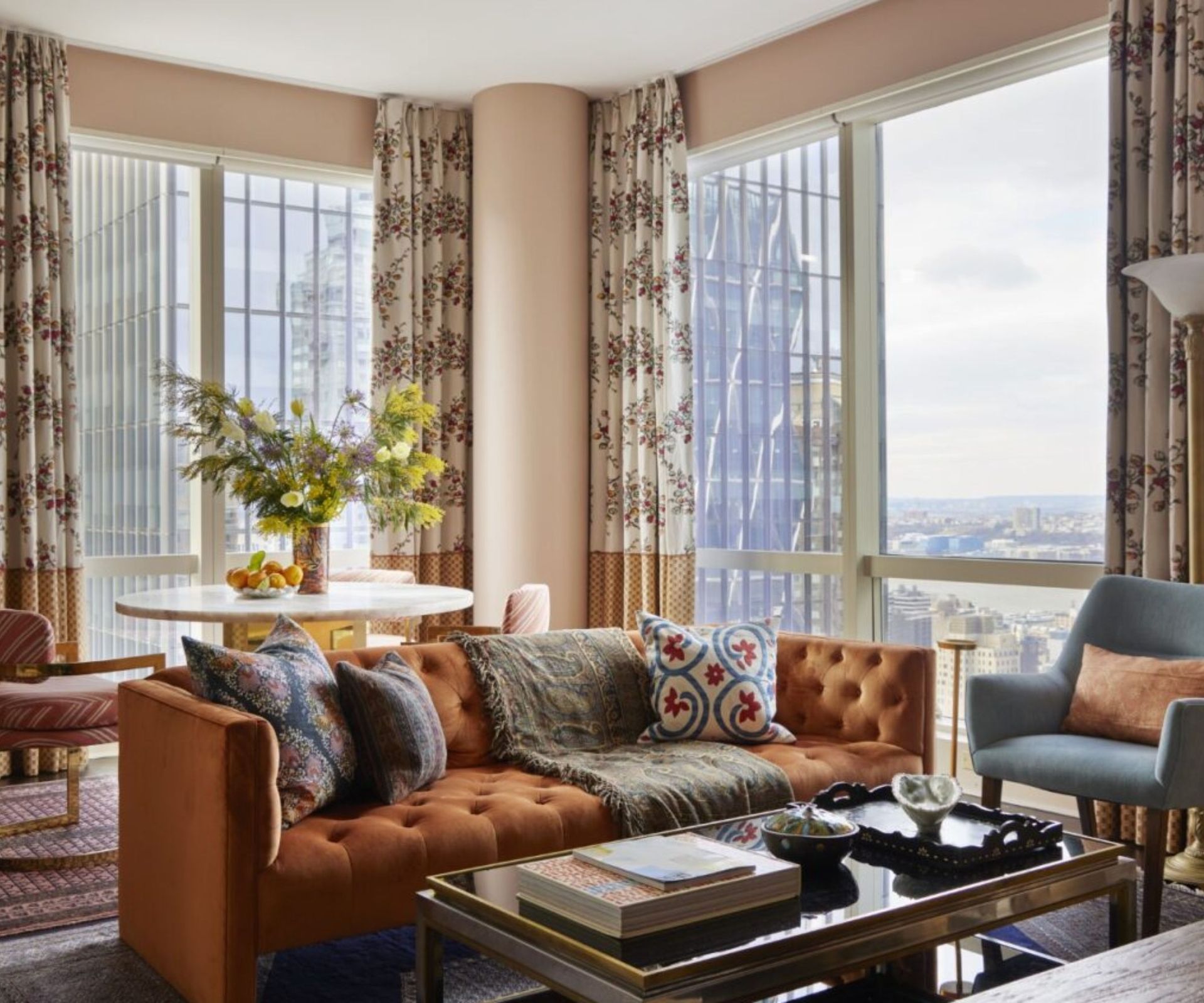 Peach living room in an open plan apartment