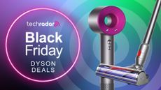 Dyson Supersonic hair dryer and Dyson V8 vacuum cleaner on a colorful background with text reading TechRadar Black Friday Dyson deals