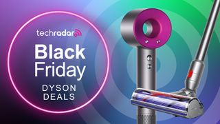 Dyson Supersonic hair dryer and Dyson V8 vacuum cleaner on a colorful background with text reading TechRadar Black Friday Dyson deals