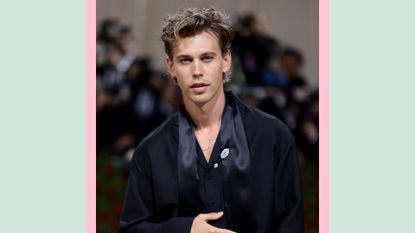 Austin Butler pictured in a black suit as he attends The 2022 Met Gala Celebrating "In America: An Anthology of Fashion" at The Metropolitan Museum of Art on May 02, 2022 in New York City. / in a green and pink template