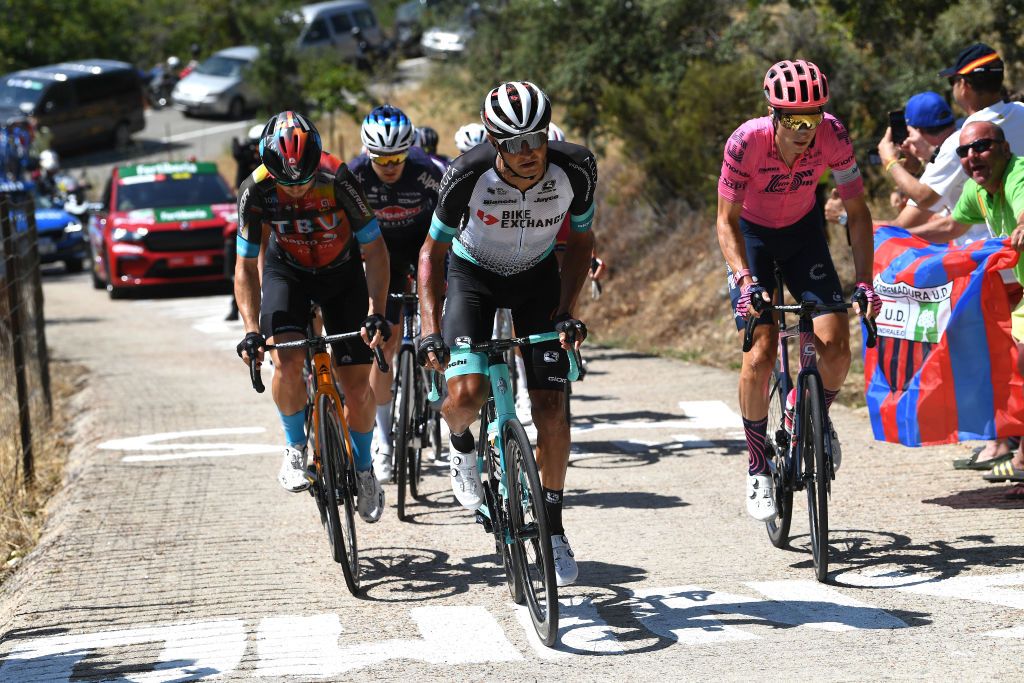 PICO VILLUERCAS SPAIN AUGUST 28 LR Jan Tratnik of Slovenia and Team Bahrain Victorious Andrey Zeits of Kazahkstan and Team BikeExchange and Jens Keukeleire of Belgium and Team EF Education Nippo compete in the breakaway during the 76th Tour of Spain 2021 Stage 14 a 1657km stage from Don Benito to Pico Villuercas 1580m lavuelta LaVuelta21 on August 28 2021 in Pico Villuercas Spain Photo by Tim de WaeleGetty Images
