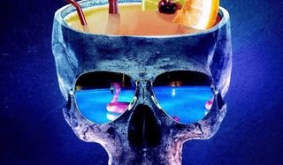 Into The Dark a skull holding a drink, with a pool reflected in its sunglasses