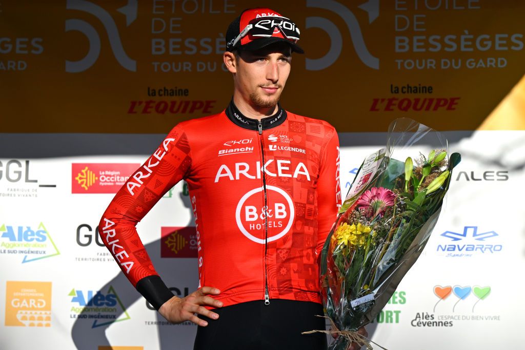 ALES FRANCE FEBRUARY 04 Kevin Vauquelin of France and Team Arkea BB Hotels celebrates at podium as as stage winner during the 54th Etoile de Besseges Tour du Gard Stage 5 a 10645 individual time trial at stage from Ales to Ales 290m on February 04 2024 in Ales France Photo by Luc ClaessenGetty Images