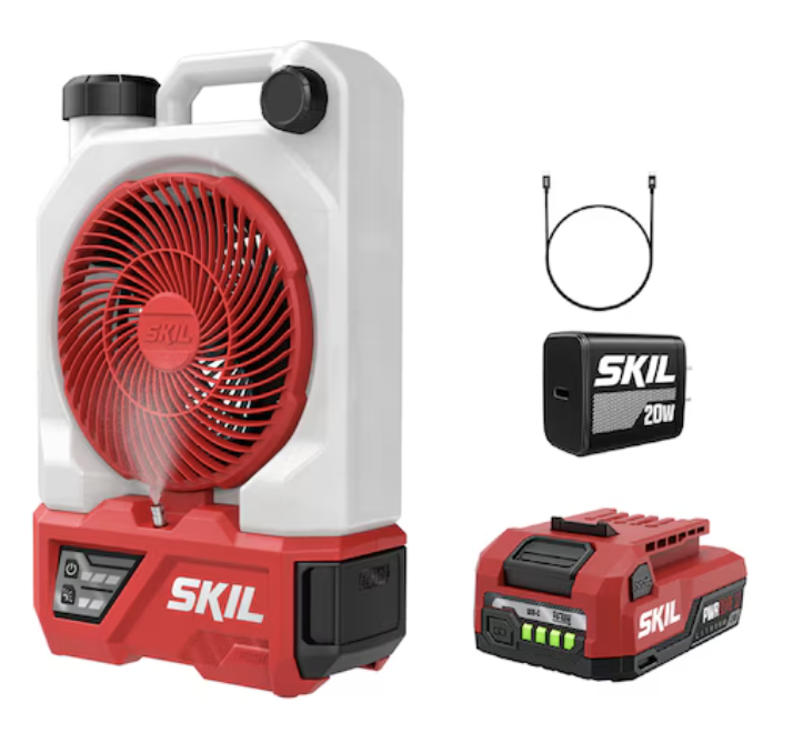 A white and red fan with a battery, charger, and cord