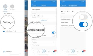 Set up automatic backup of photos and video in Microsoft OneDrive by showing steps: tap Settings, tap Camera Uploads, make sure the settings you want are turned ON