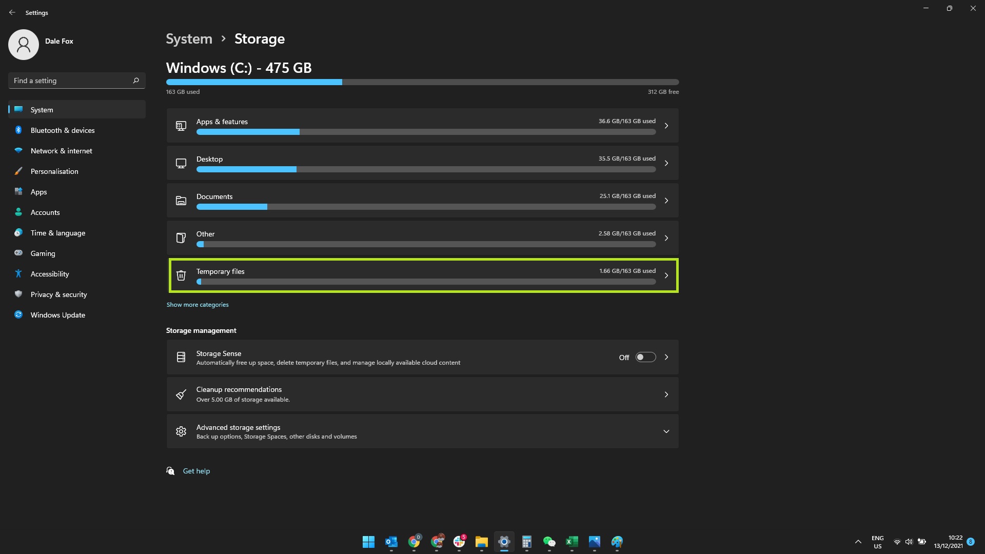 Screenshot of Windows 11 Storage menu with 