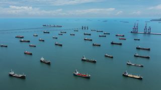 parked oil tankers waiting to take on cargo