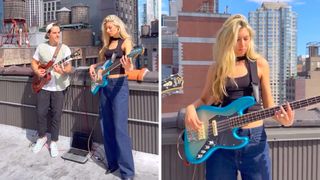 Blue DeTiger and Giacomo Turra playing bass and guitar on an NYC rooftop