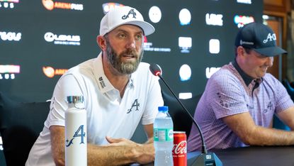 Dustin Johnson speaks at a press conference