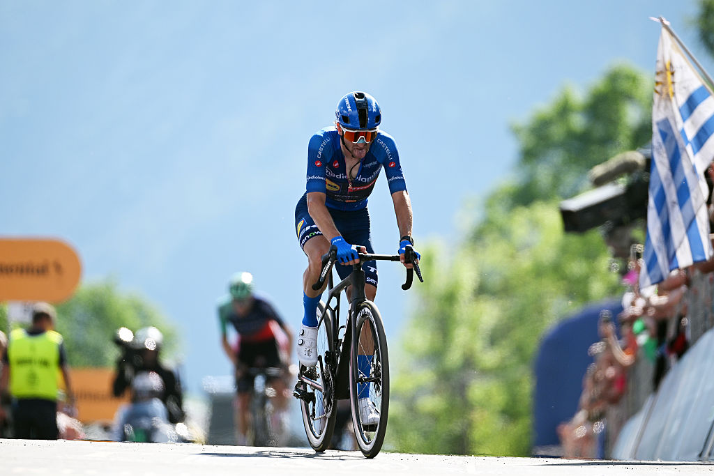 ALLEGHE, ITALY - MAY 29: Giulio Ciccone of Italy and Team Lidl - Trek - Blue Mountain Jersey crosses the finish line as third place winner during the 109th Giro d&amp;amp;apos;Italia 2026, Stage 19 a 151km stage from Feltre to Alleghe - Piani di Pezze 1467m / #UCIWT / on May 29, 2026 in Alleghe, Italy. (Photo by Tim de Waele/Getty Images)