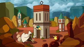 A hooded figure accompanied by a flying ball defends a tower from blobs