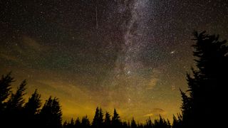 In this 30 second exposure, a meteor streaks across the sky during the annual Perseid meteor shower, Wednesday, Aug. 11, 2021, in Spruce Knob, West Virginia.