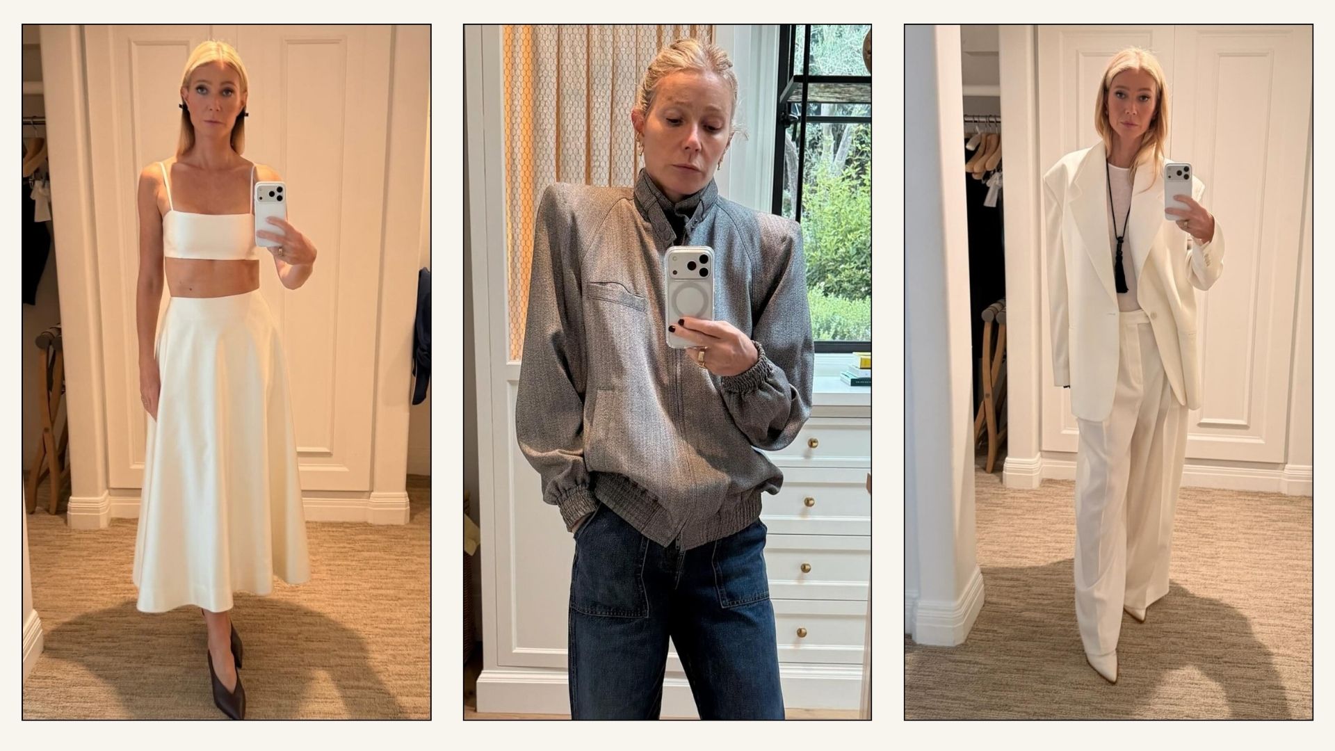 Collage of Gwyneth Paltrow wearing minimalist party looks.