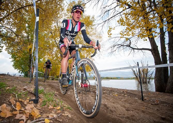 Powers (Rapha Focus) along the waterfront and golden aspen leaves. Colorado Cross Classic.