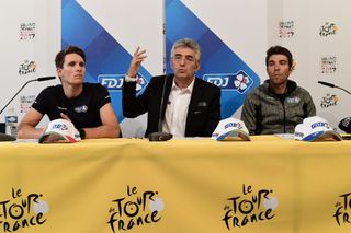 Marc Madiot flanked by Arnaud Demare and Thibaut Pinot ahead of the 2017 Tour de France