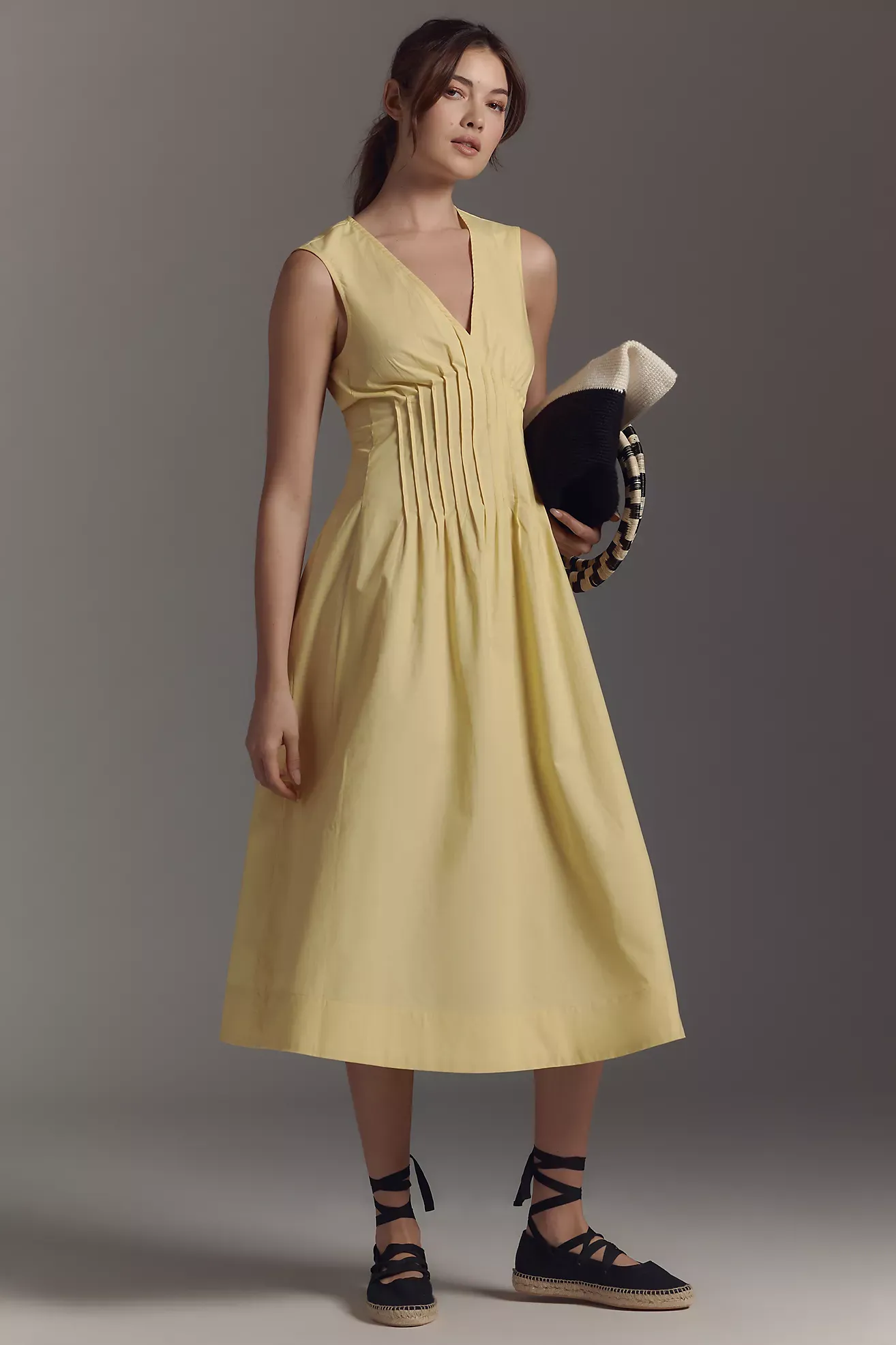 The Hailey Sleeveless V-Neck Pintuck Midi Dress by Maeve